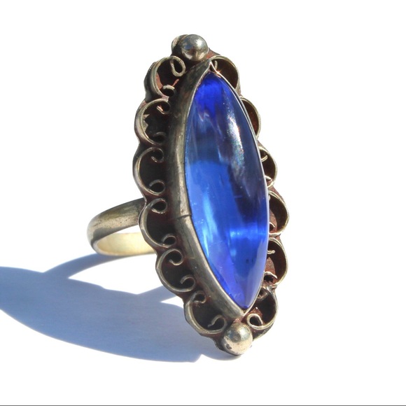 Vintage Mexican Blue Glass Alpaca Silver Ring 8 - Picture 3 of 6